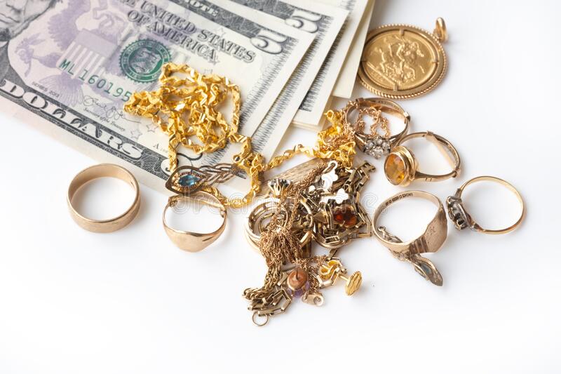 cash-gold-used-old-jewellery-coins-us-dollar-banknotes-selling-broken-jewelry-to-get-money-based-scrap-value-172256687